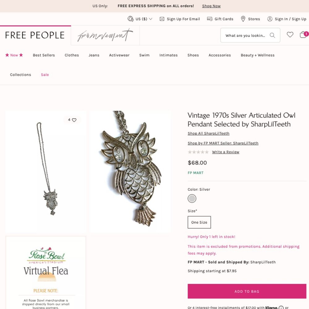 Free People Curated 70’s Vintage Crystal Eyes Wise Owl Silver Pendant Necklace
